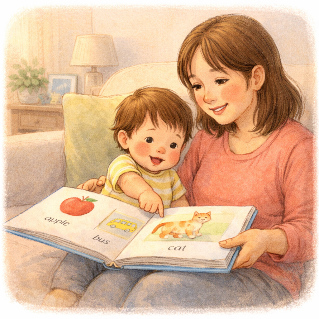 Toddler pointing confidently at a picture in a first words book while parent smiles.