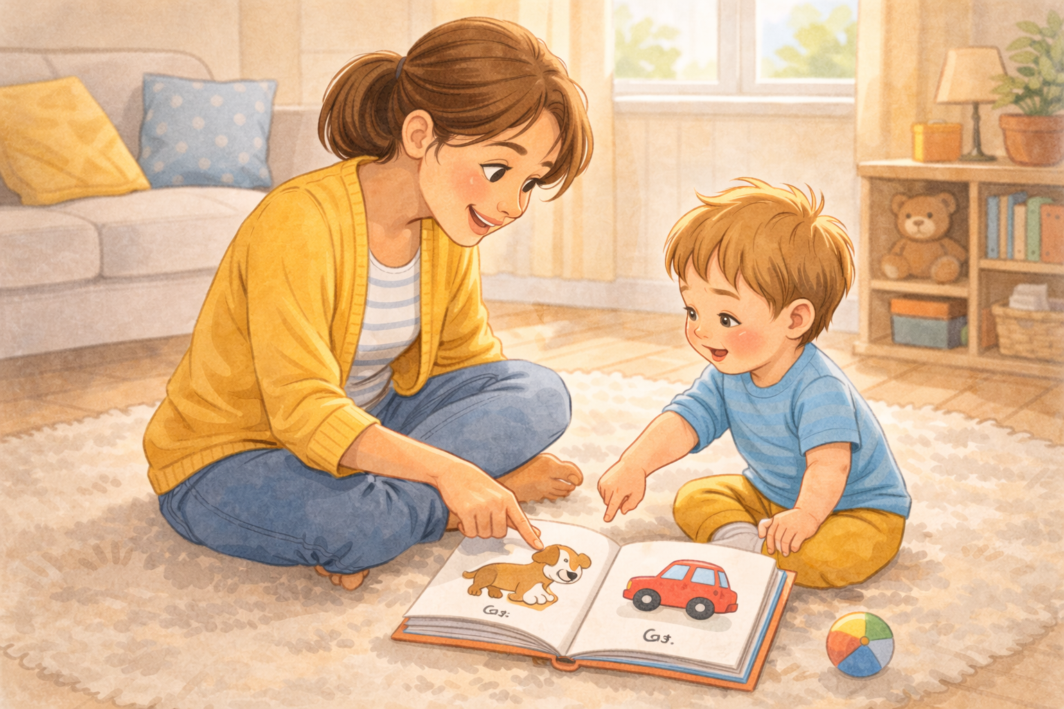 Parent and toddler pointing at pictures in a simple first words book.