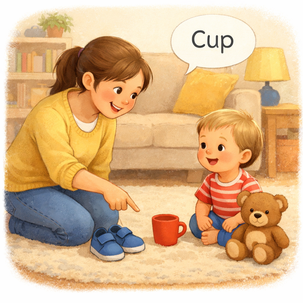 Parent pointing to everyday objects while toddler practises simple words.