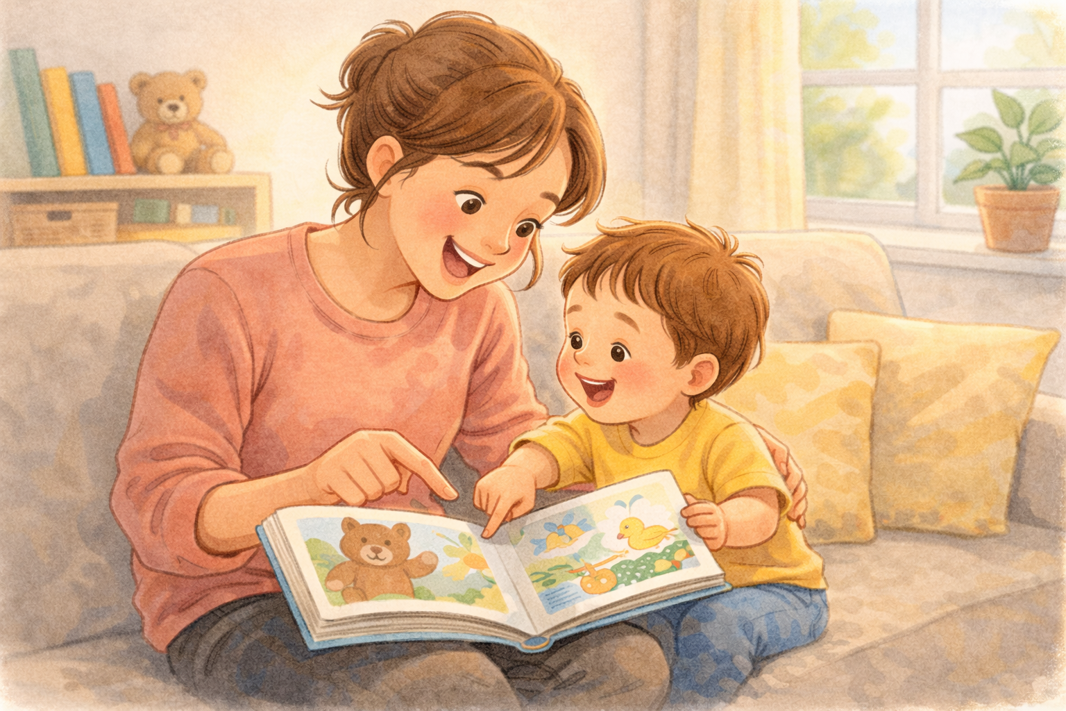 Parent and toddler reading a favourite picture book together on a sofa.
