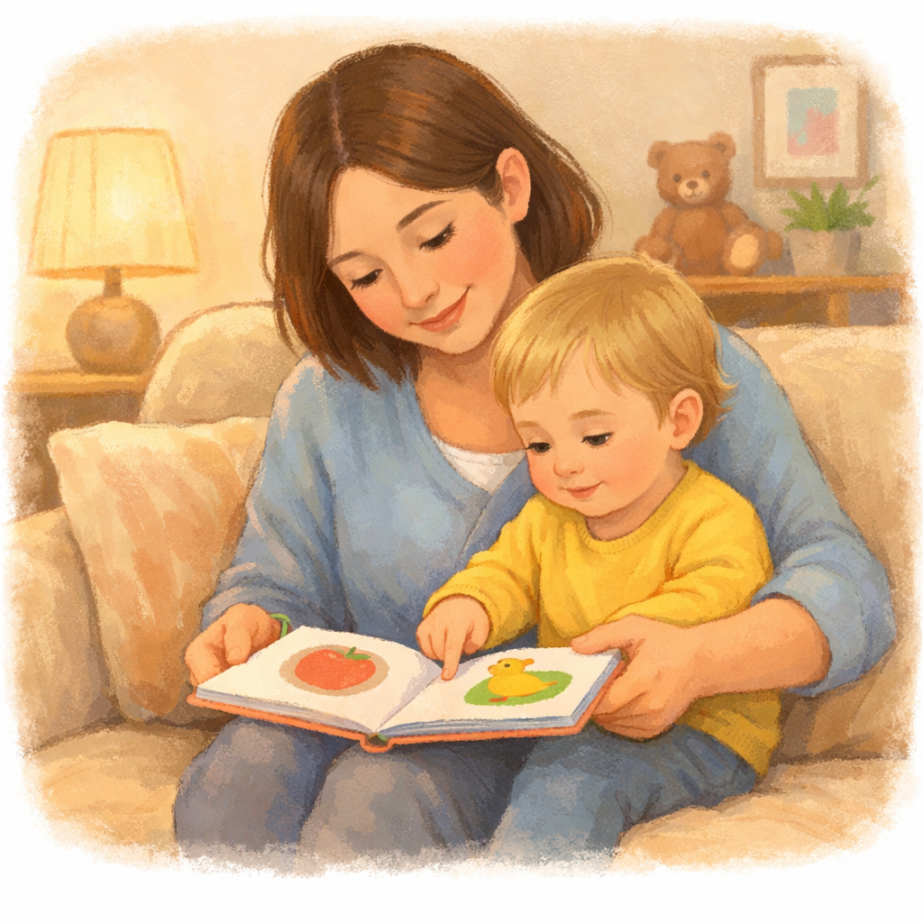 Parent and toddler reading a picture book together calmly on a sofa.