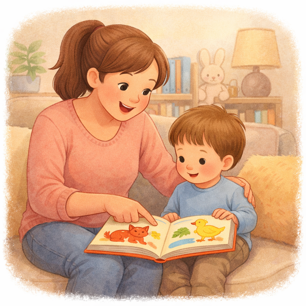 Parent and toddler talking about pictures in a book.