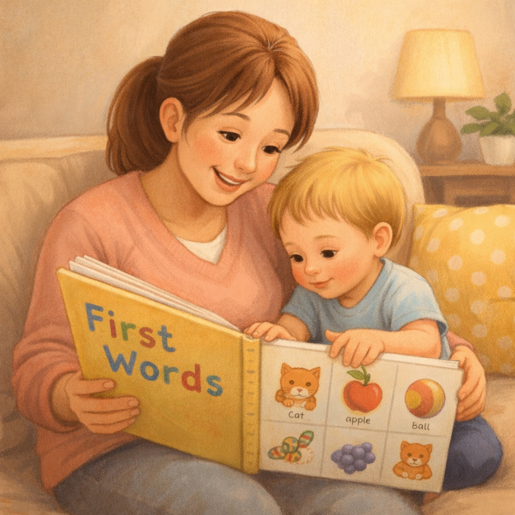 Parent and toddler reading a first words book together.
