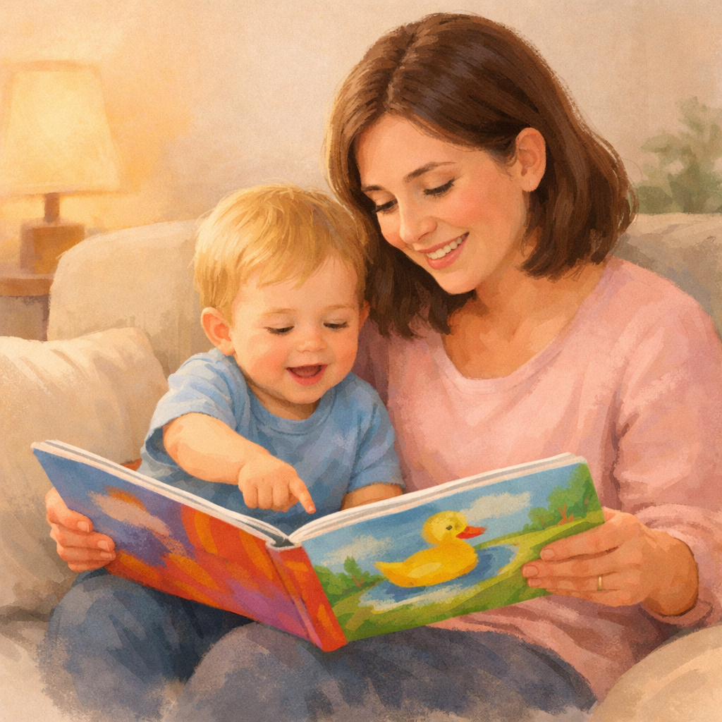 Parent and toddler reading a picture book together on a sofa.