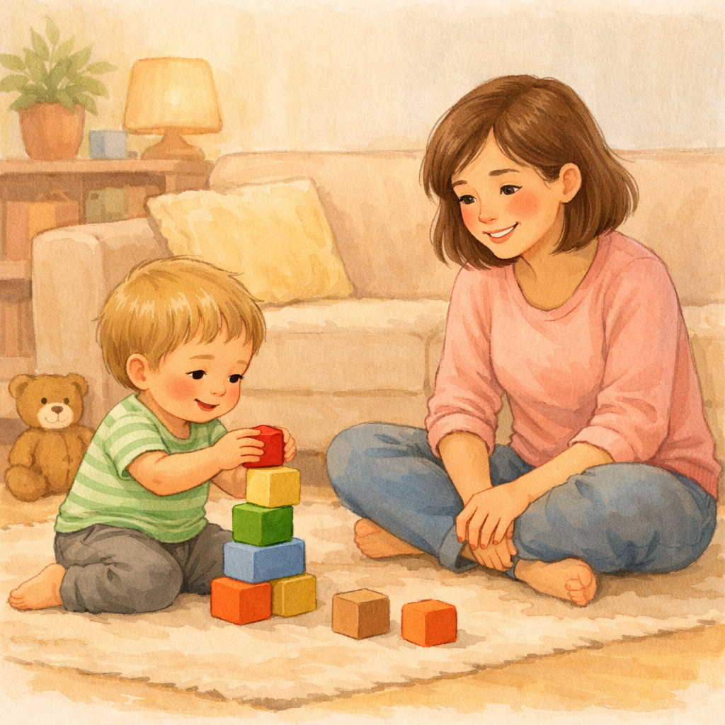 Parent smiling warmly at a toddler stacking blocks on the floor.