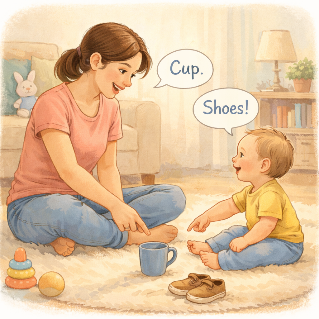 Parent and toddler taking turns naming everyday objects.