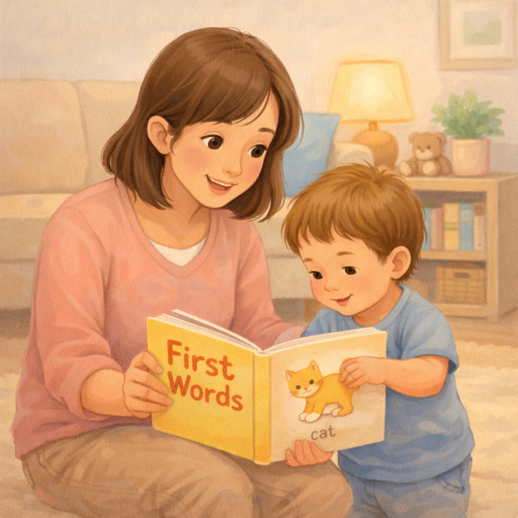 Parent and toddler using a first words book together.