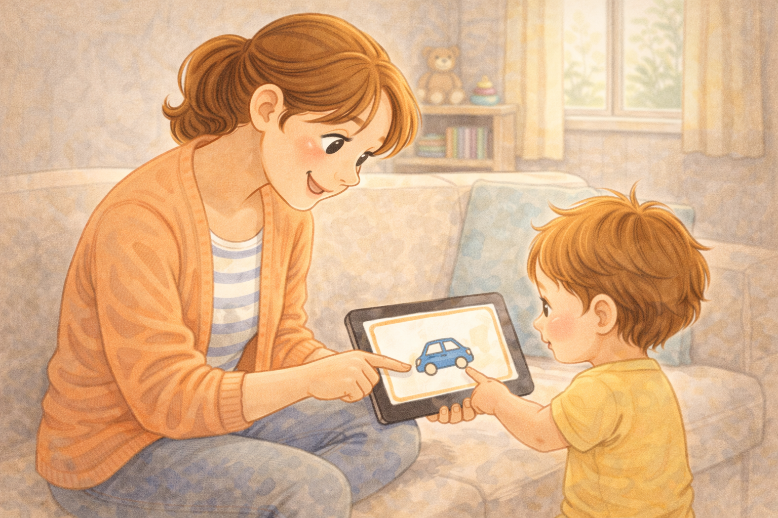 Parent and toddler using a speech app together.