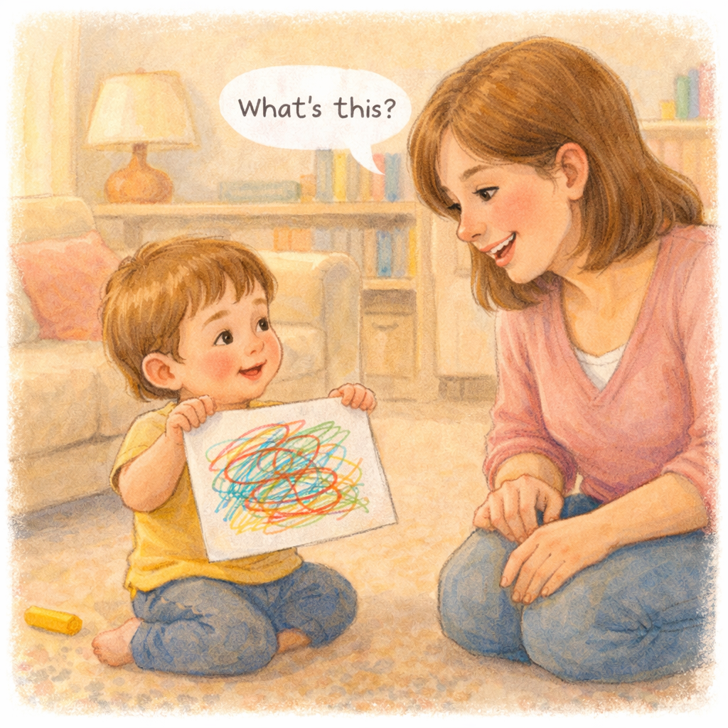 Toddler showing a drawing to a parent who is asking about it kindly.