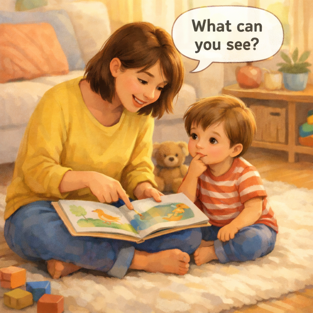 Parent asking a toddler a question while looking at a picture book together.