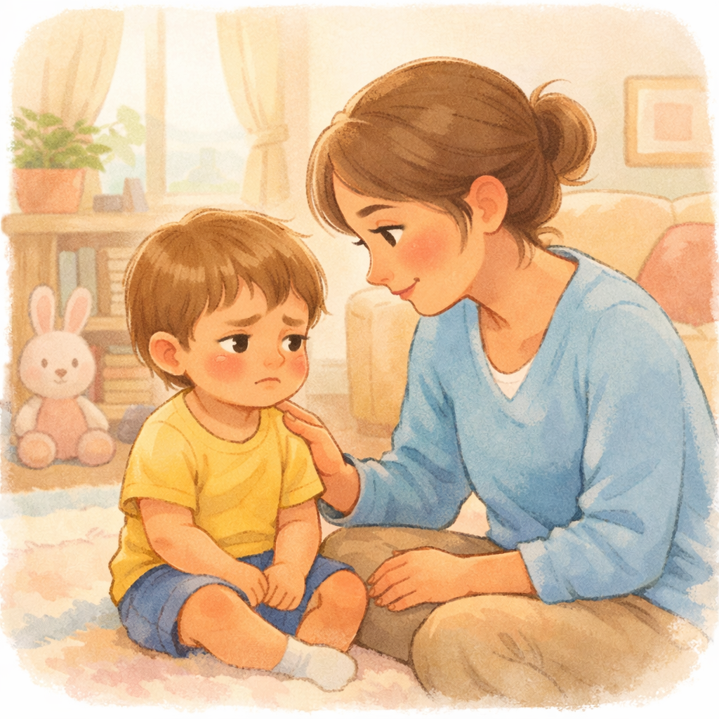 Parent calmly comforting a frustrated toddler.