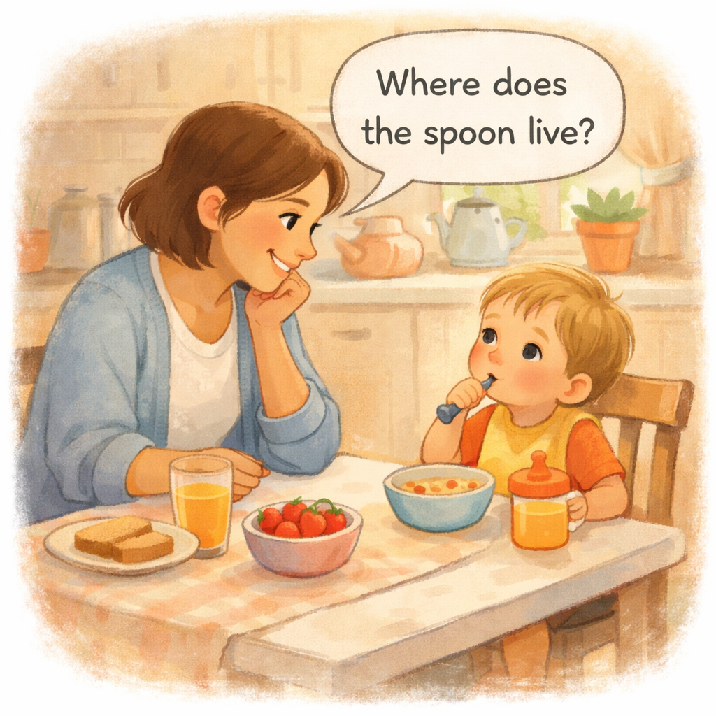 Parent asking a toddler a gentle question during breakfast.