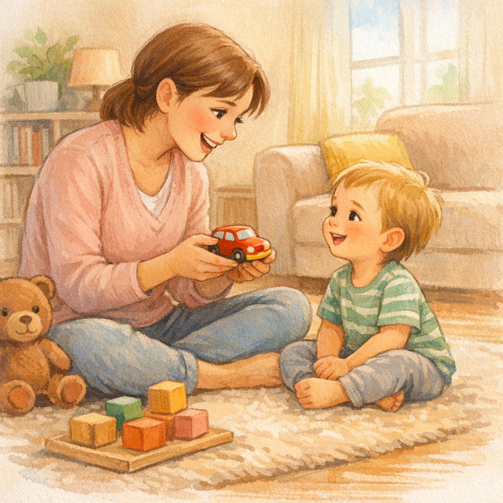 Parent talking to toddler during floor play with a toy car.