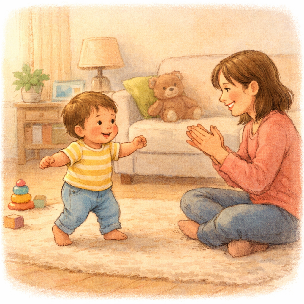 Parent gently clapping while toddler takes first steps.