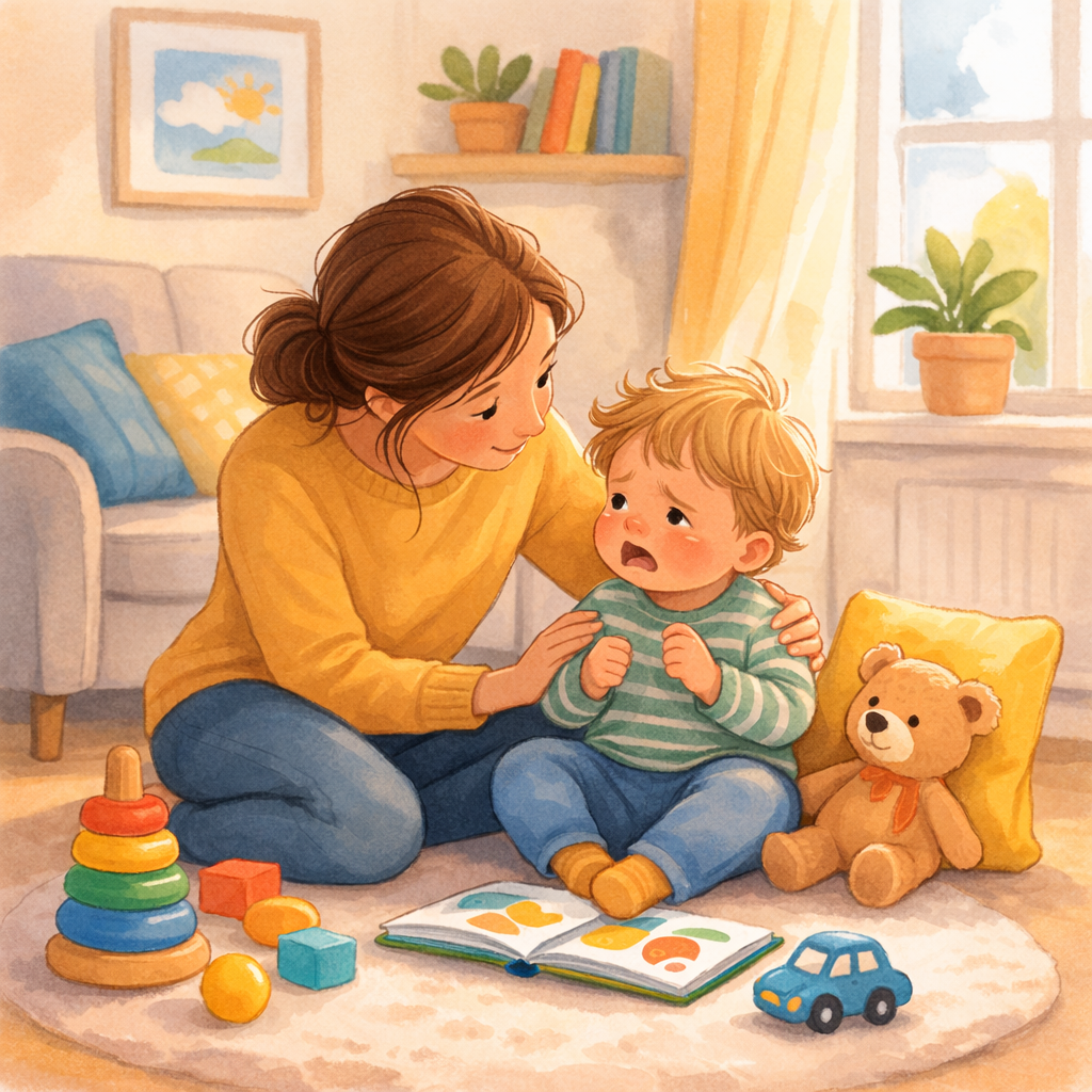 Parent calmly comforting a toddler who is upset while trying to communicate.