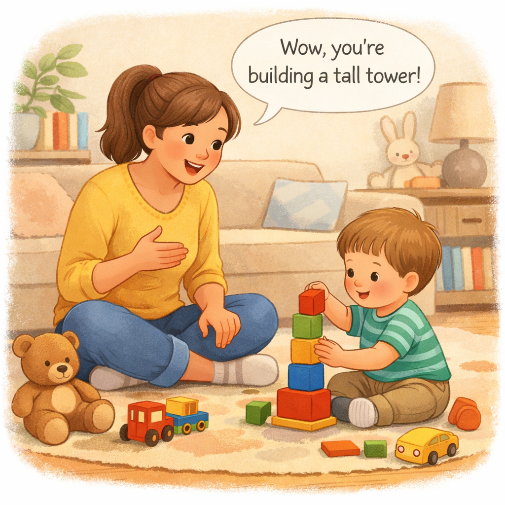 Parent talking about what a toddler is doing during play.