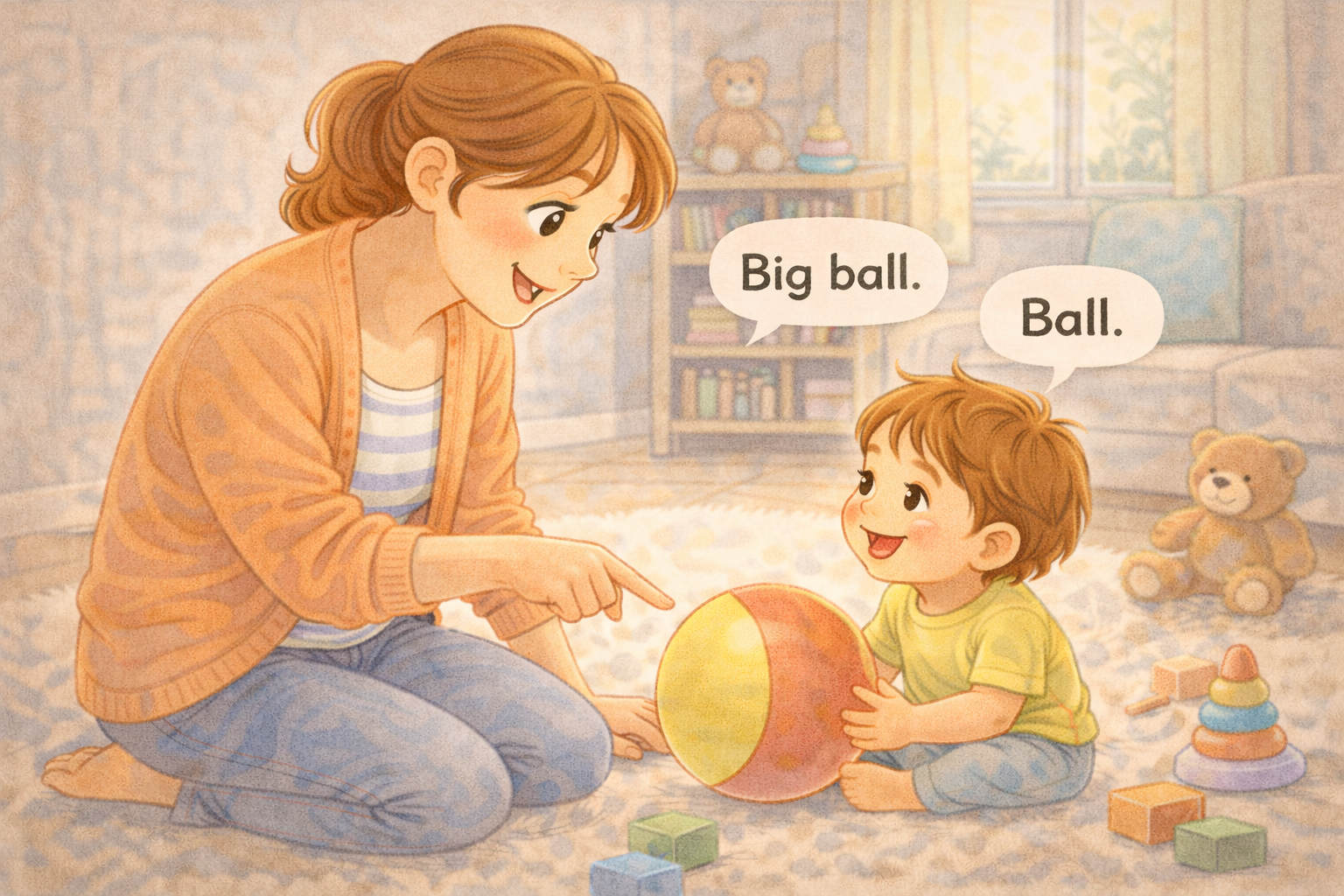 Parent expanding toddler’s word into a short sentence during play.