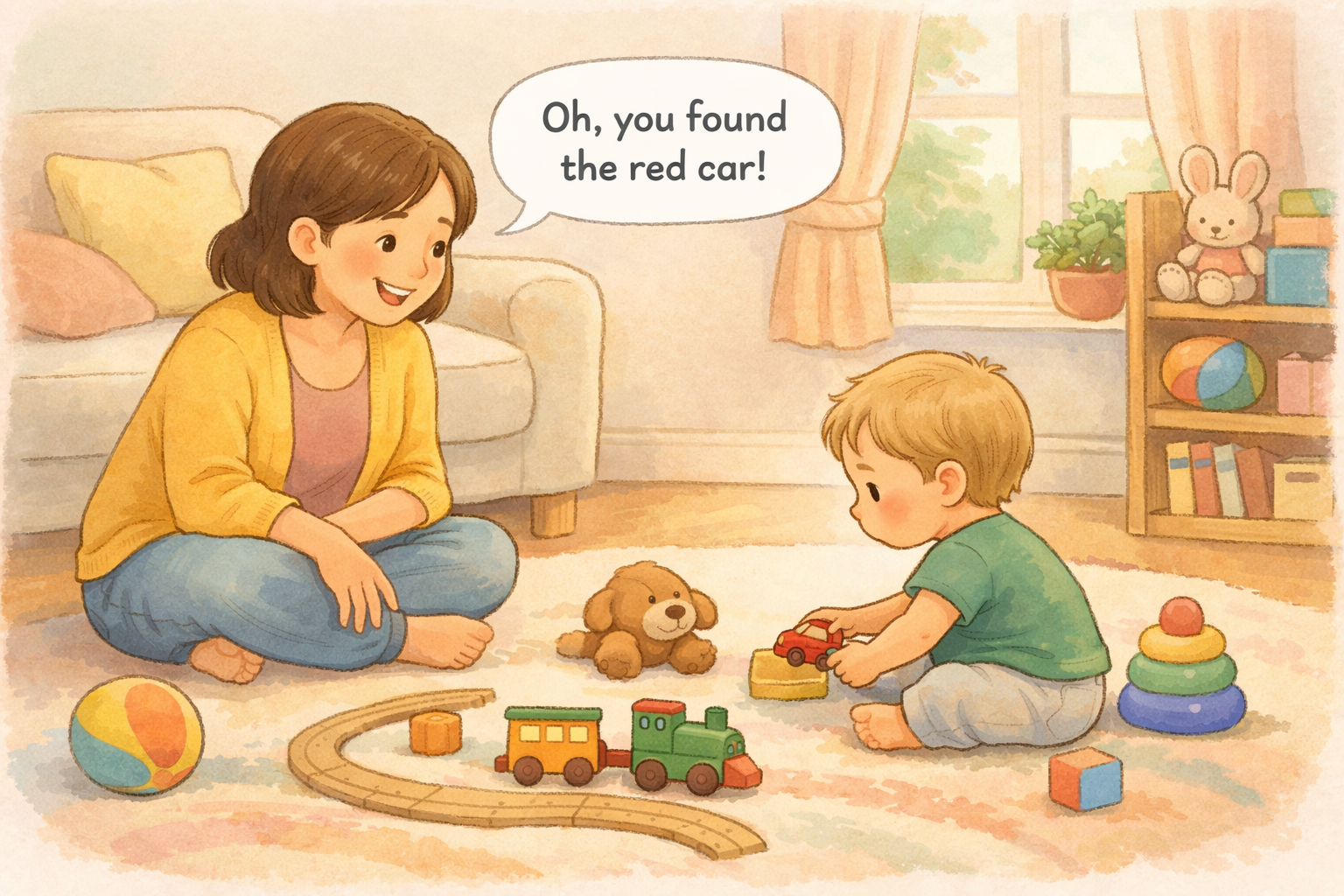 Parent talking about what a toddler is playing with.