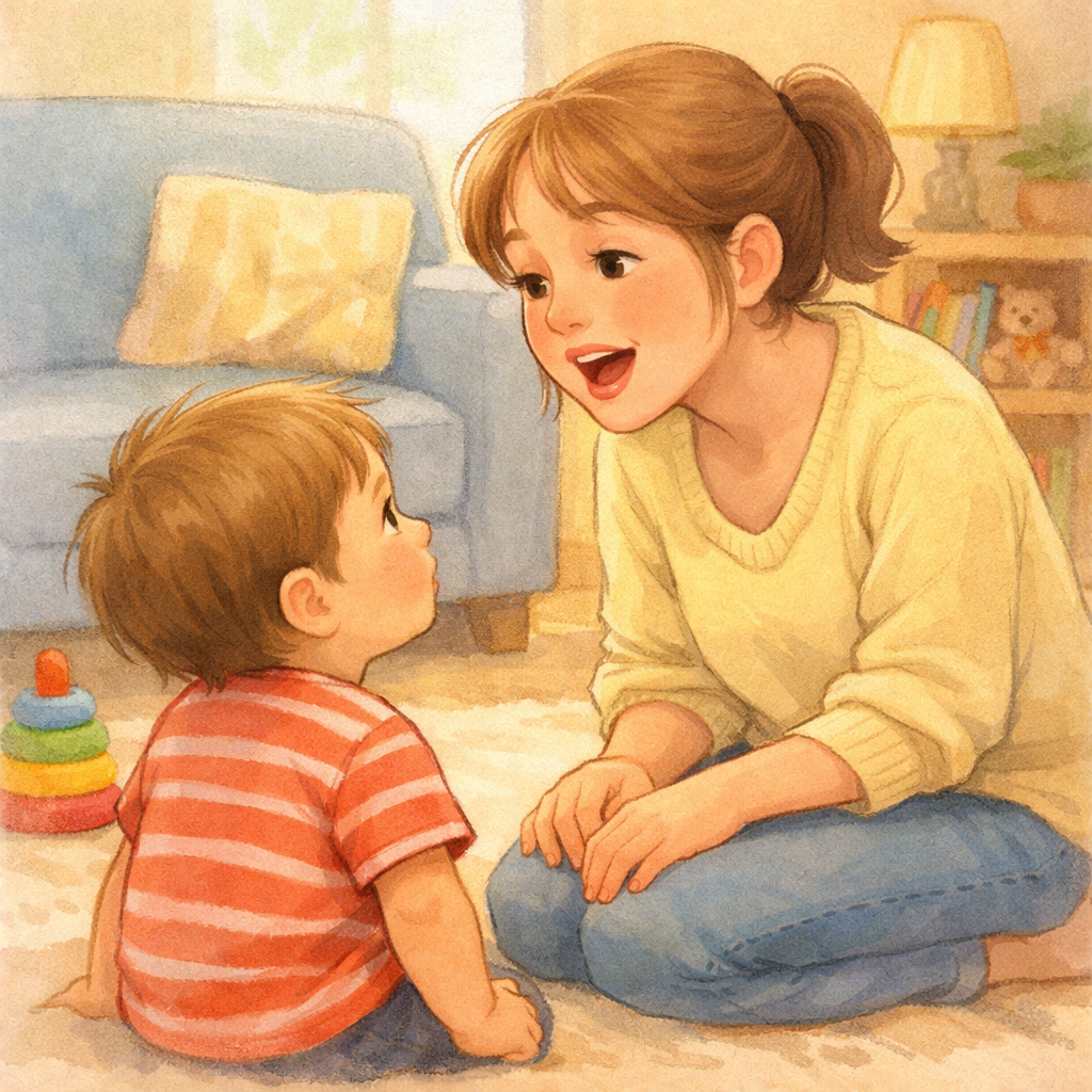 Parent clearly saying a word while toddler watches and listens.