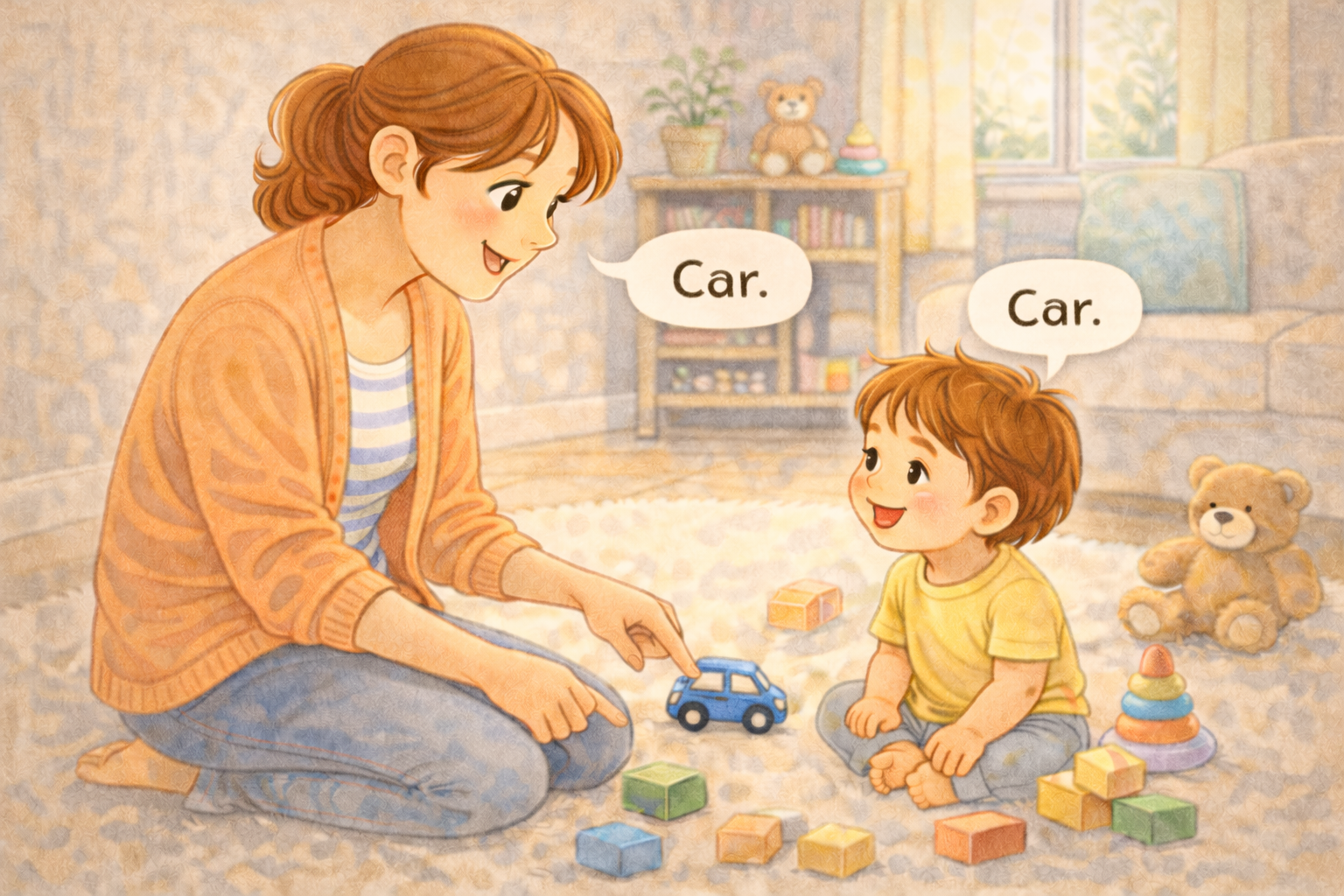 Parent modelling simple language while toddler repeats words.