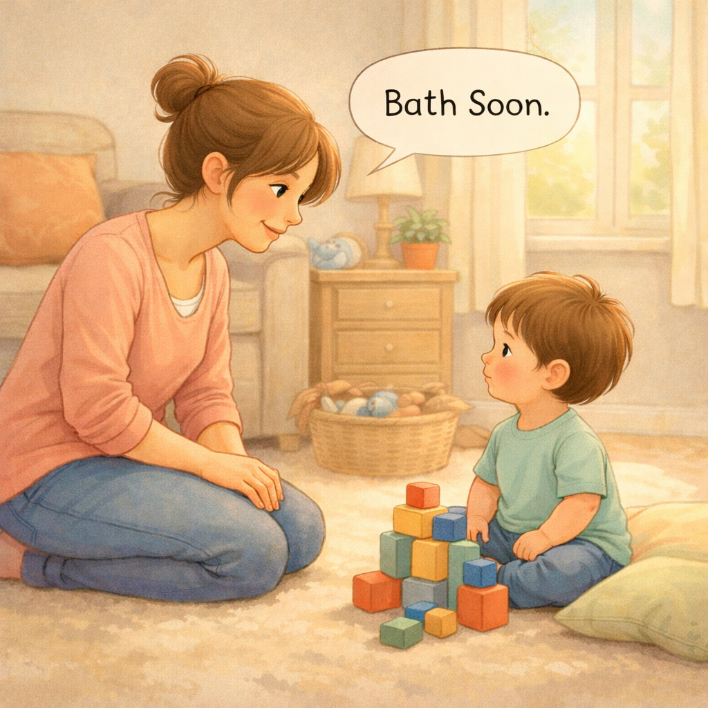Parent gently warning toddler that bath time is coming soon.