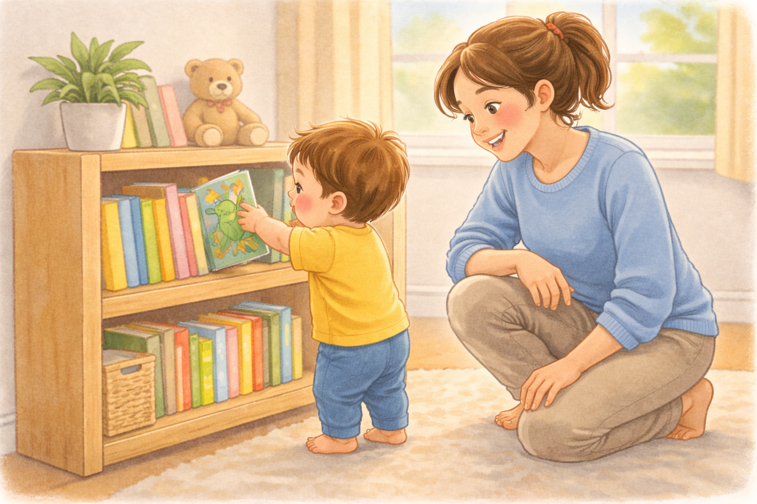 Toddler choosing a book from a low shelf with parent nearby.