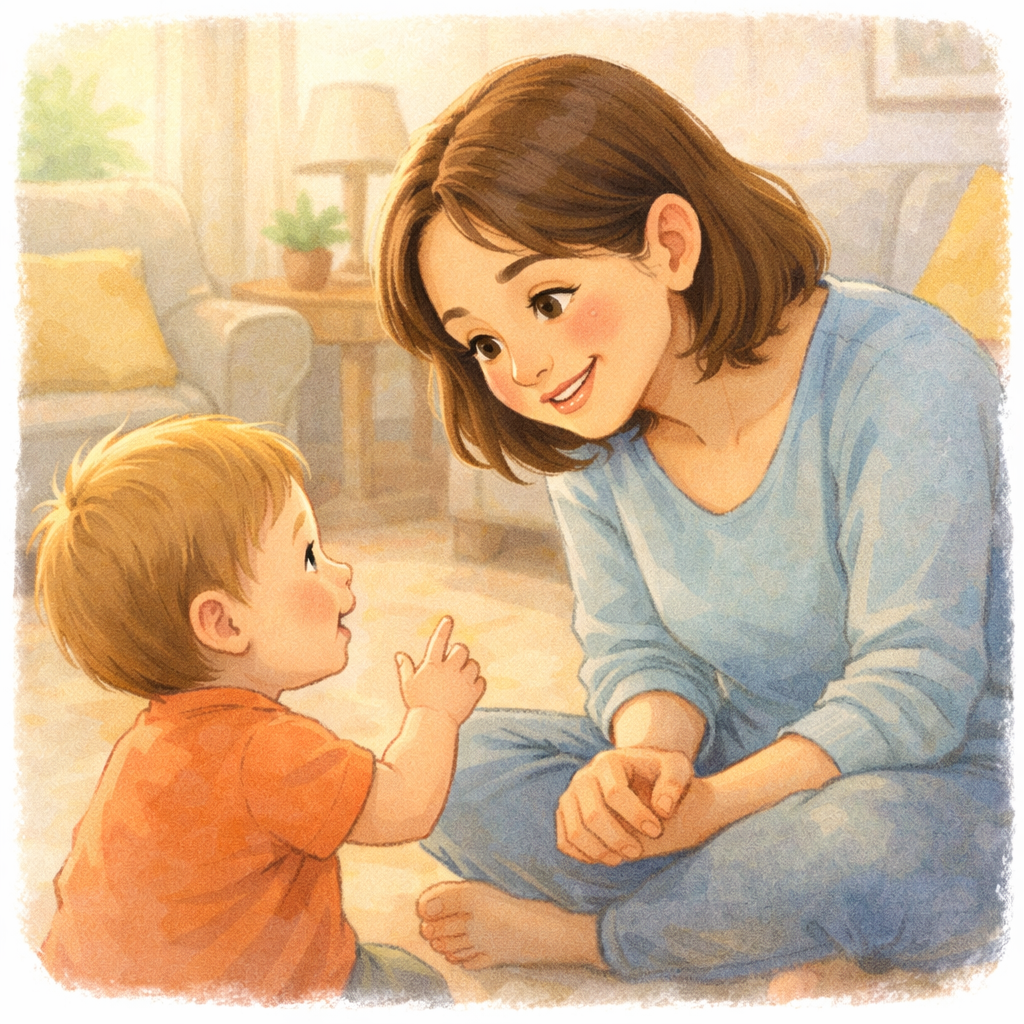 Parent leaning in and listening closely while toddler speaks.