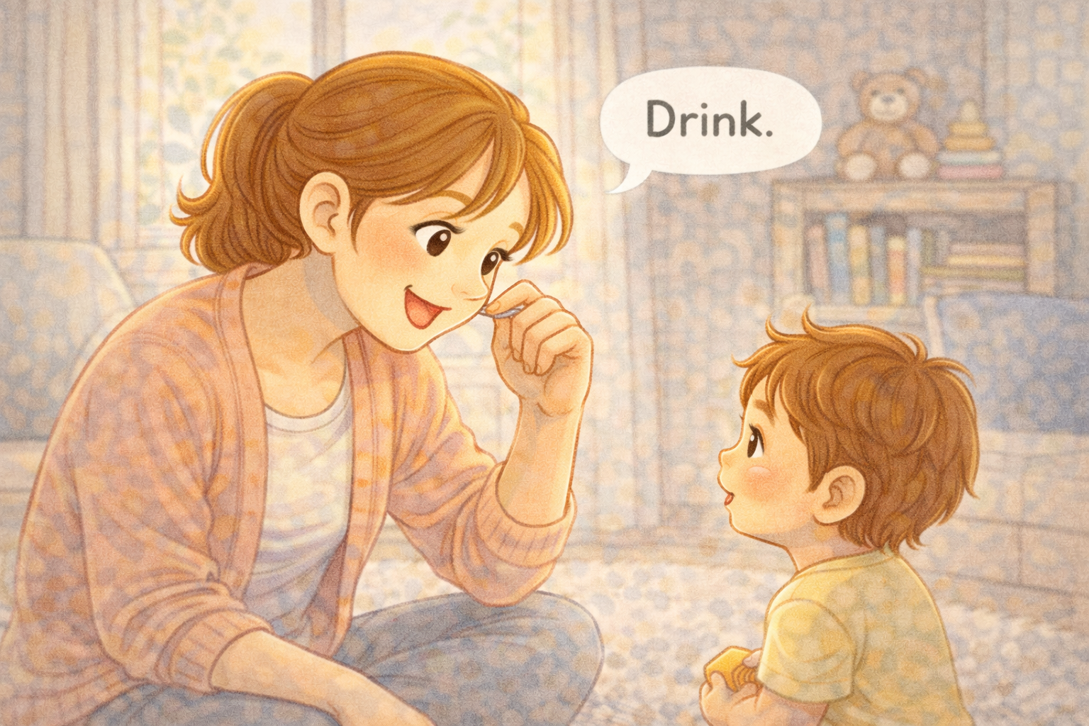 Parent using a simple sign for drink while saying the word.