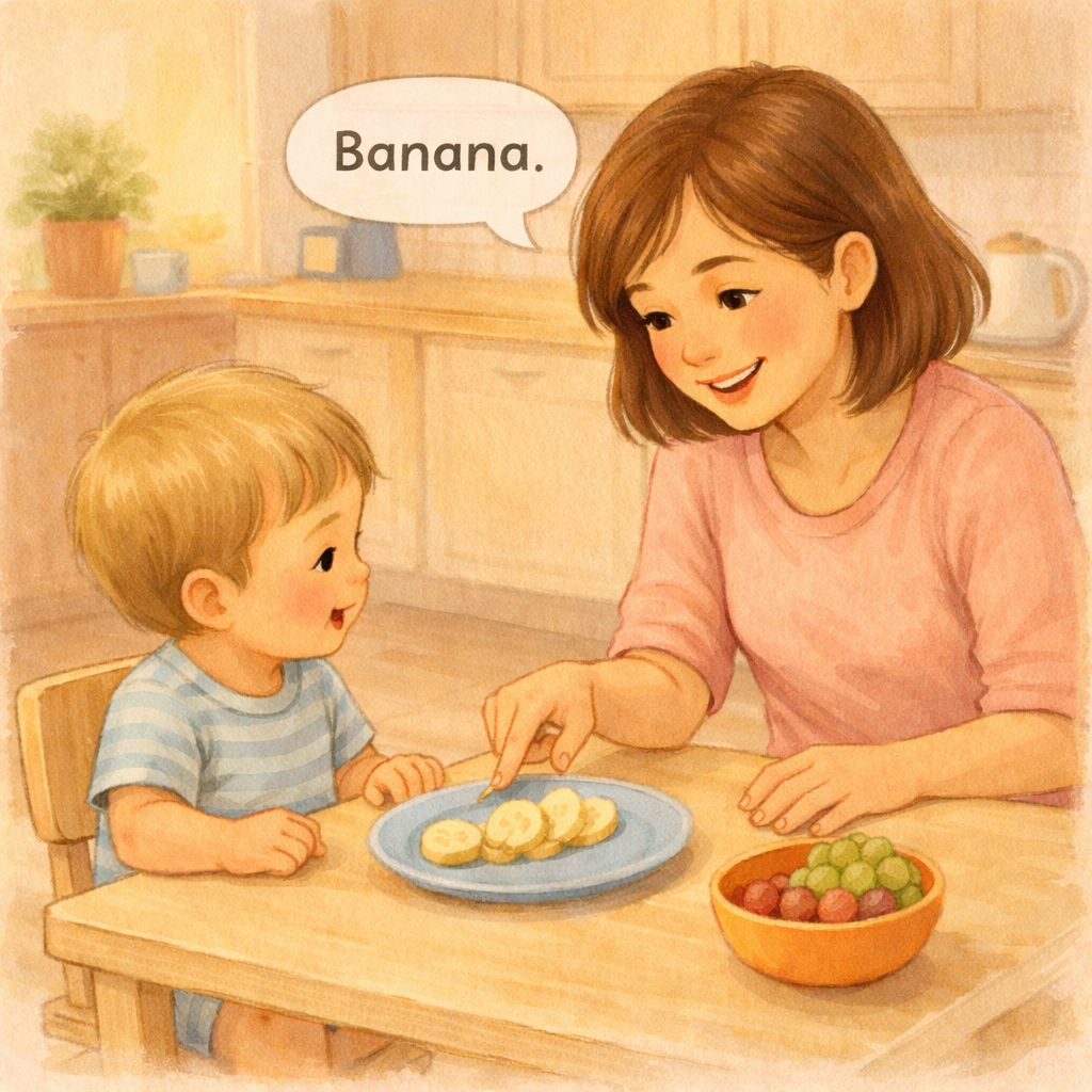 Parent naming fruit with a toddler during snack time.