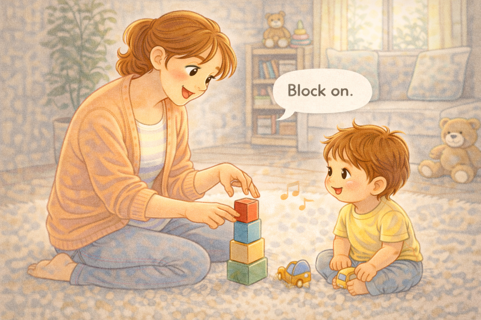 Parent modelling self-talk while playing with toddler.