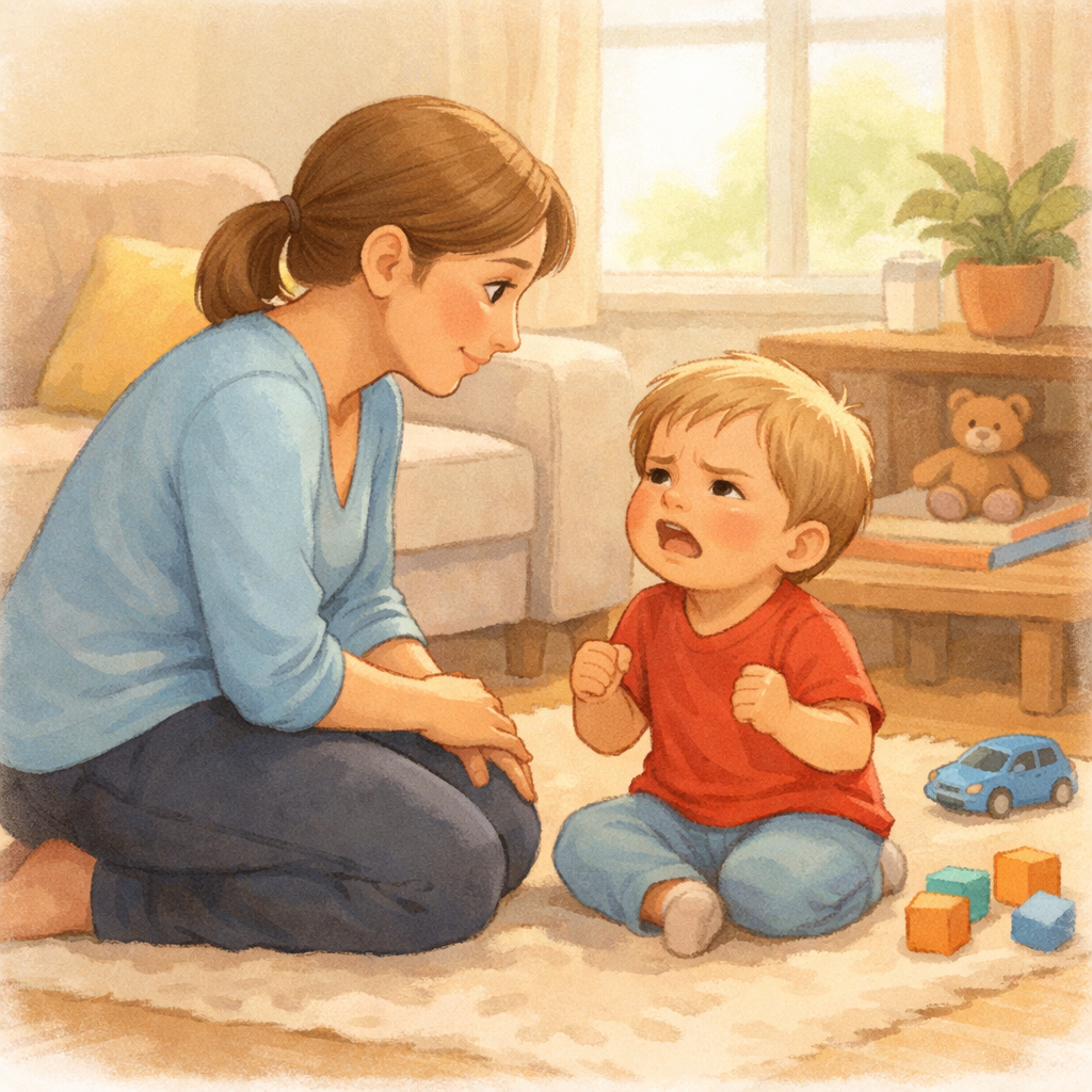 Parent supporting a toddler who looks frustrated while trying to speak.