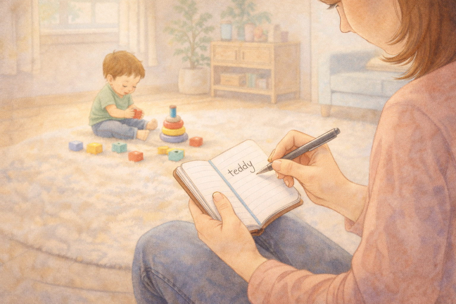 Parent writing down toddler’s new words while child plays.