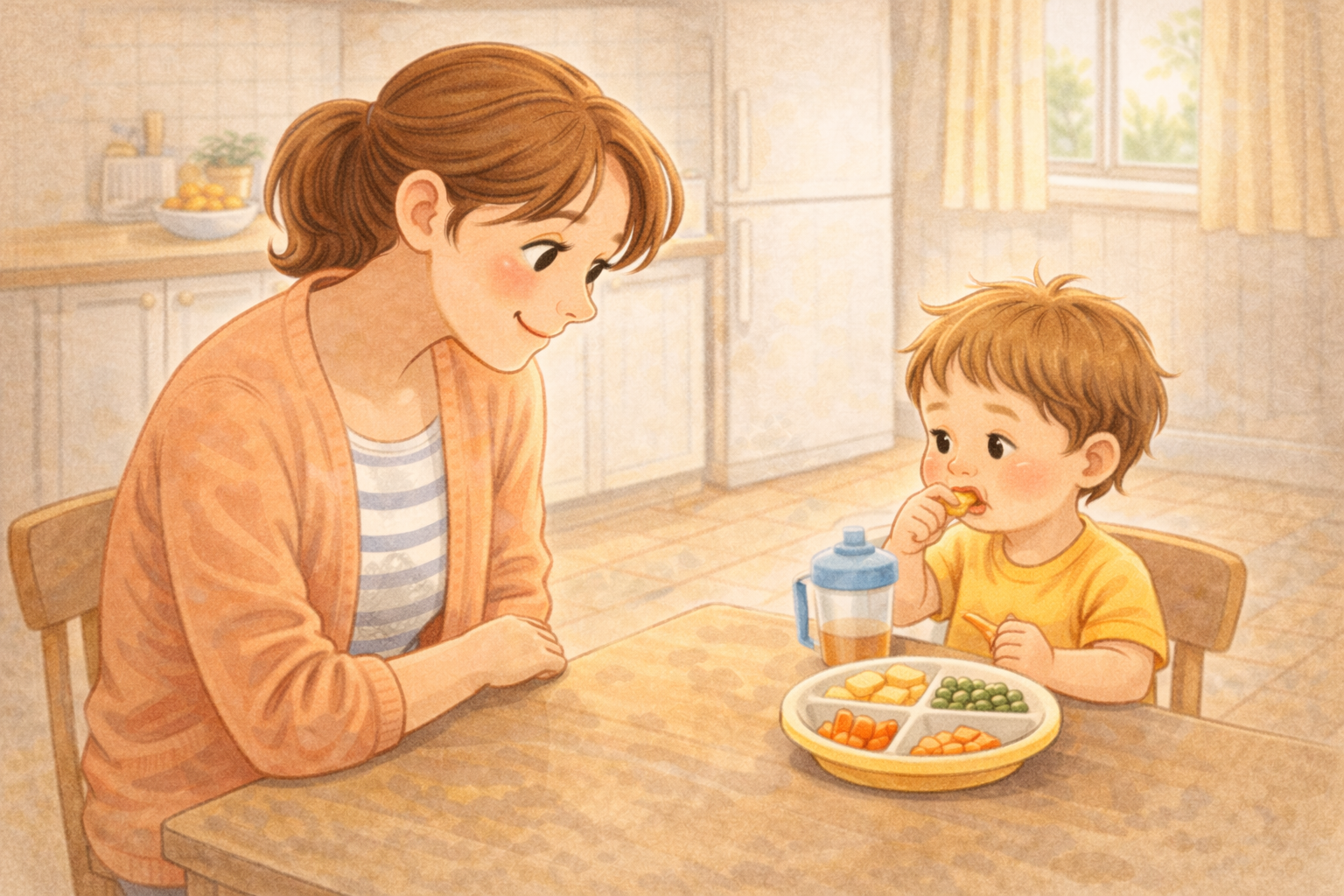 Parent observing toddler eating during mealtime.