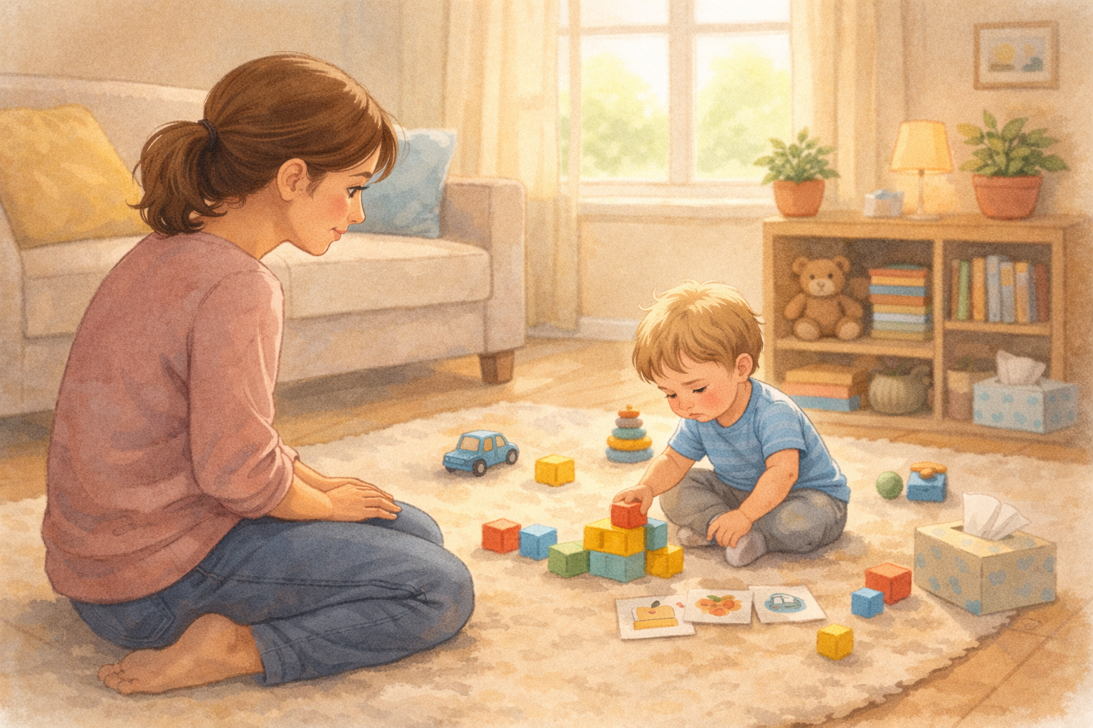 Parent calmly observing a toddler during floor play.