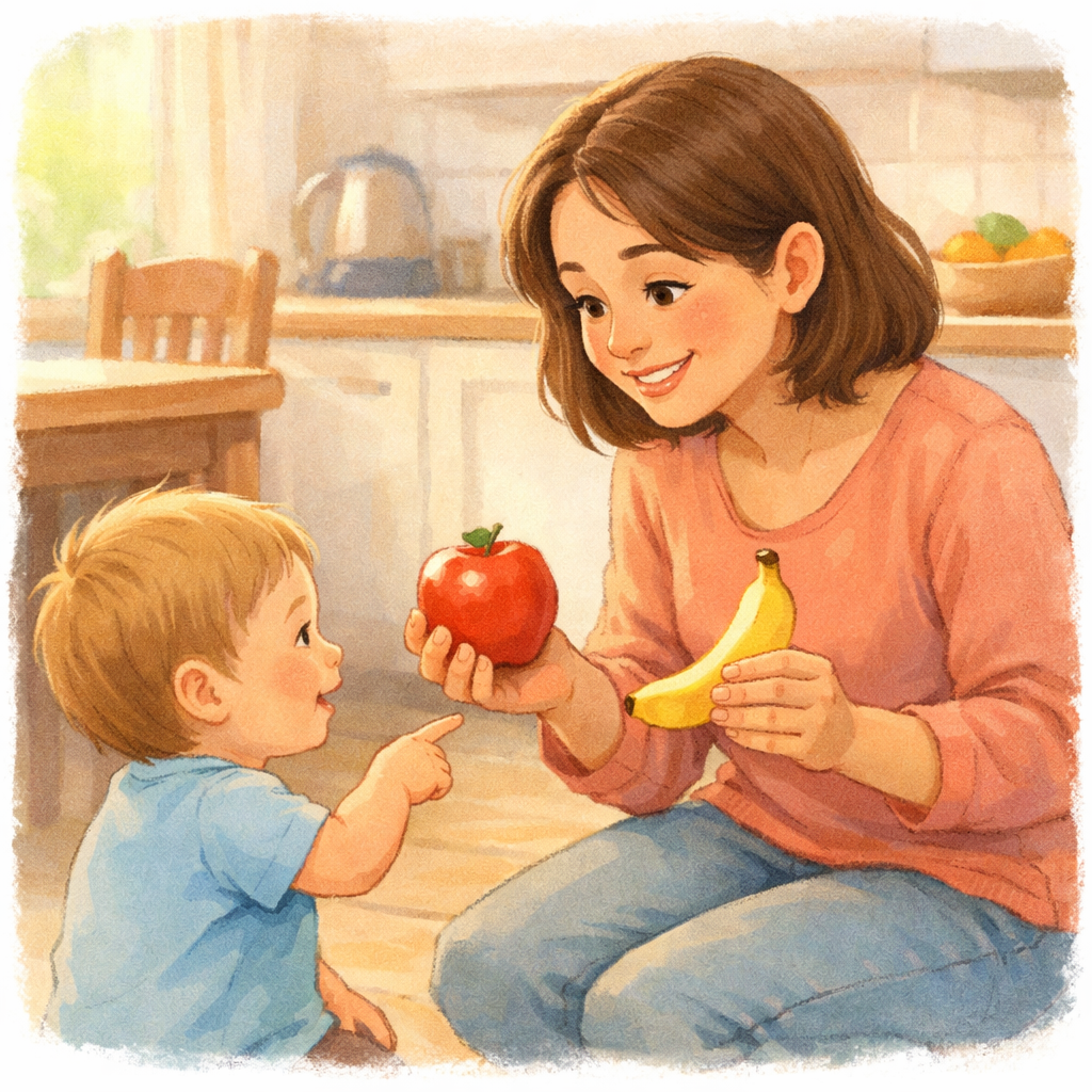 Parent offering a toddler a choice between apple and banana.