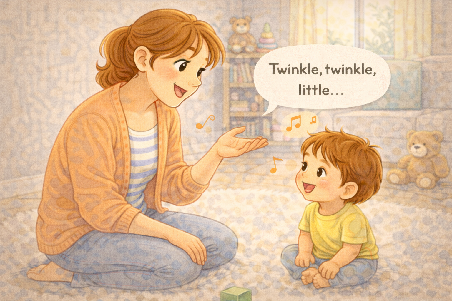 Parent pausing during a song to encourage toddler to say the next word.