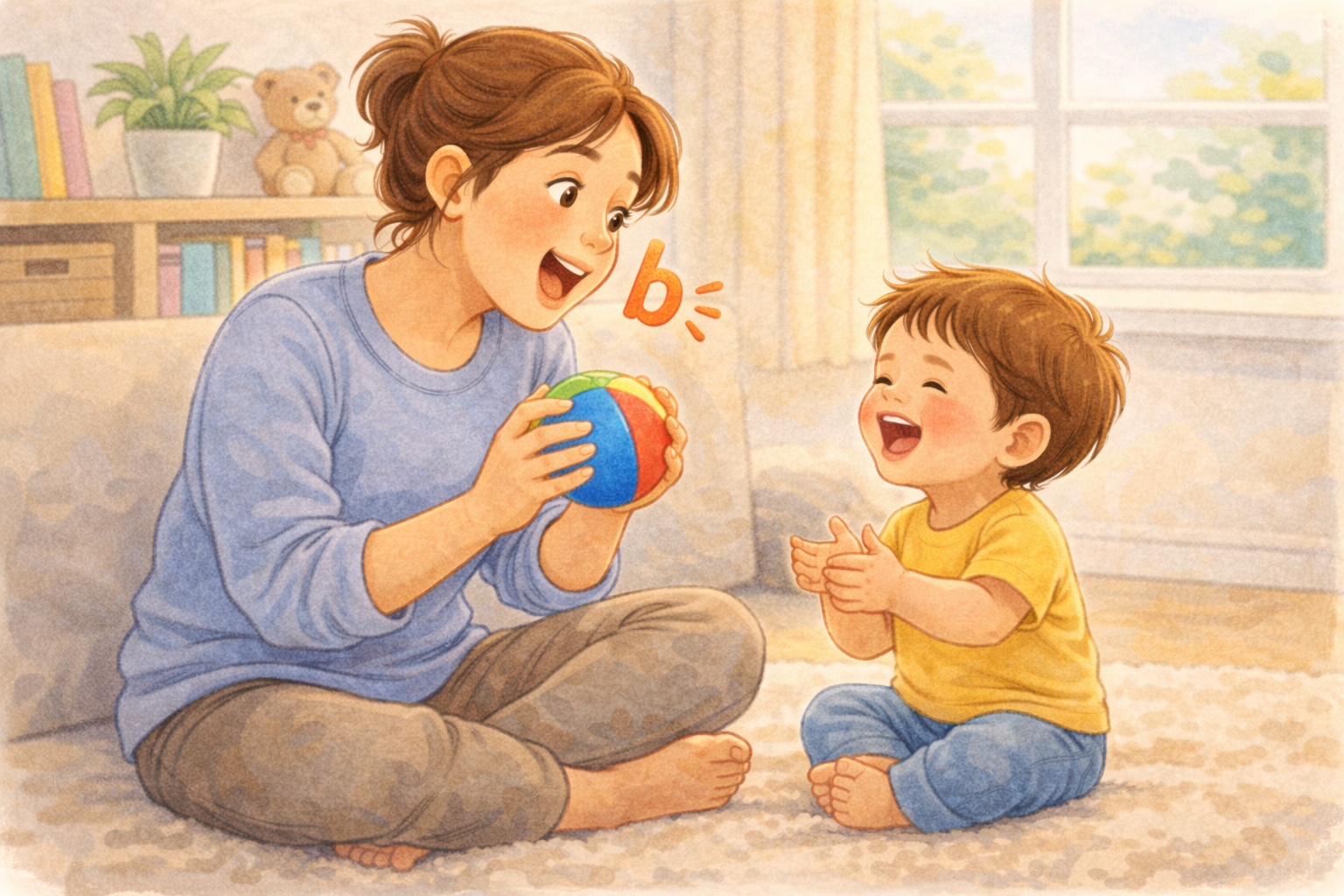 Parent exaggerating a letter sound while playing with a toddler.