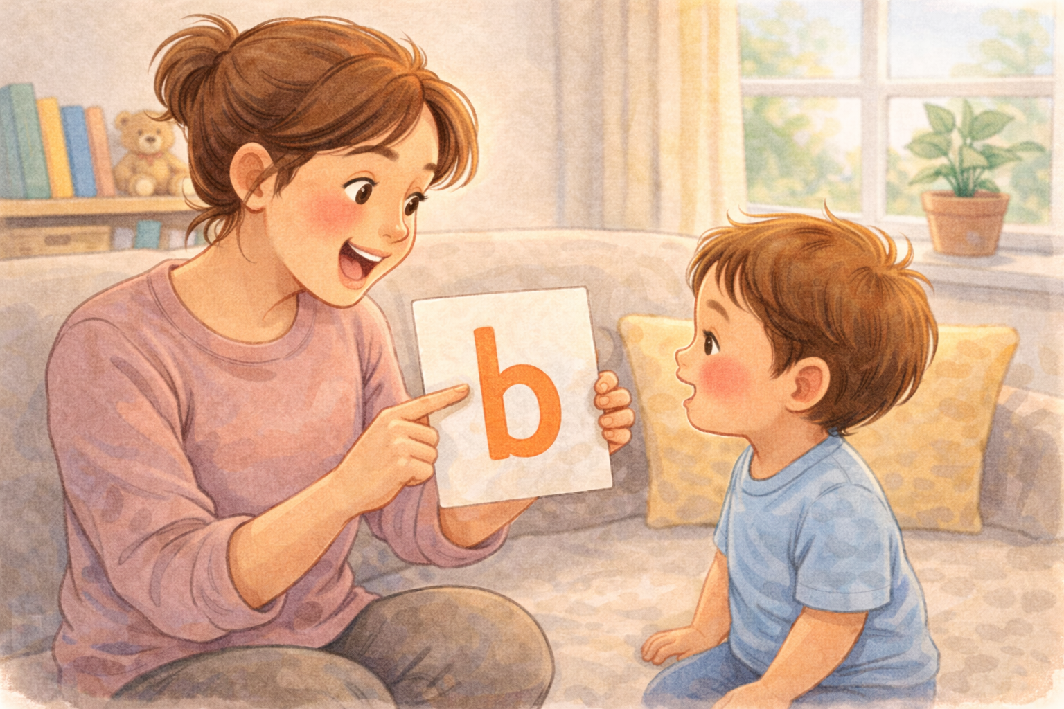 Parent pointing to a letter card while modelling its sound to a toddler.