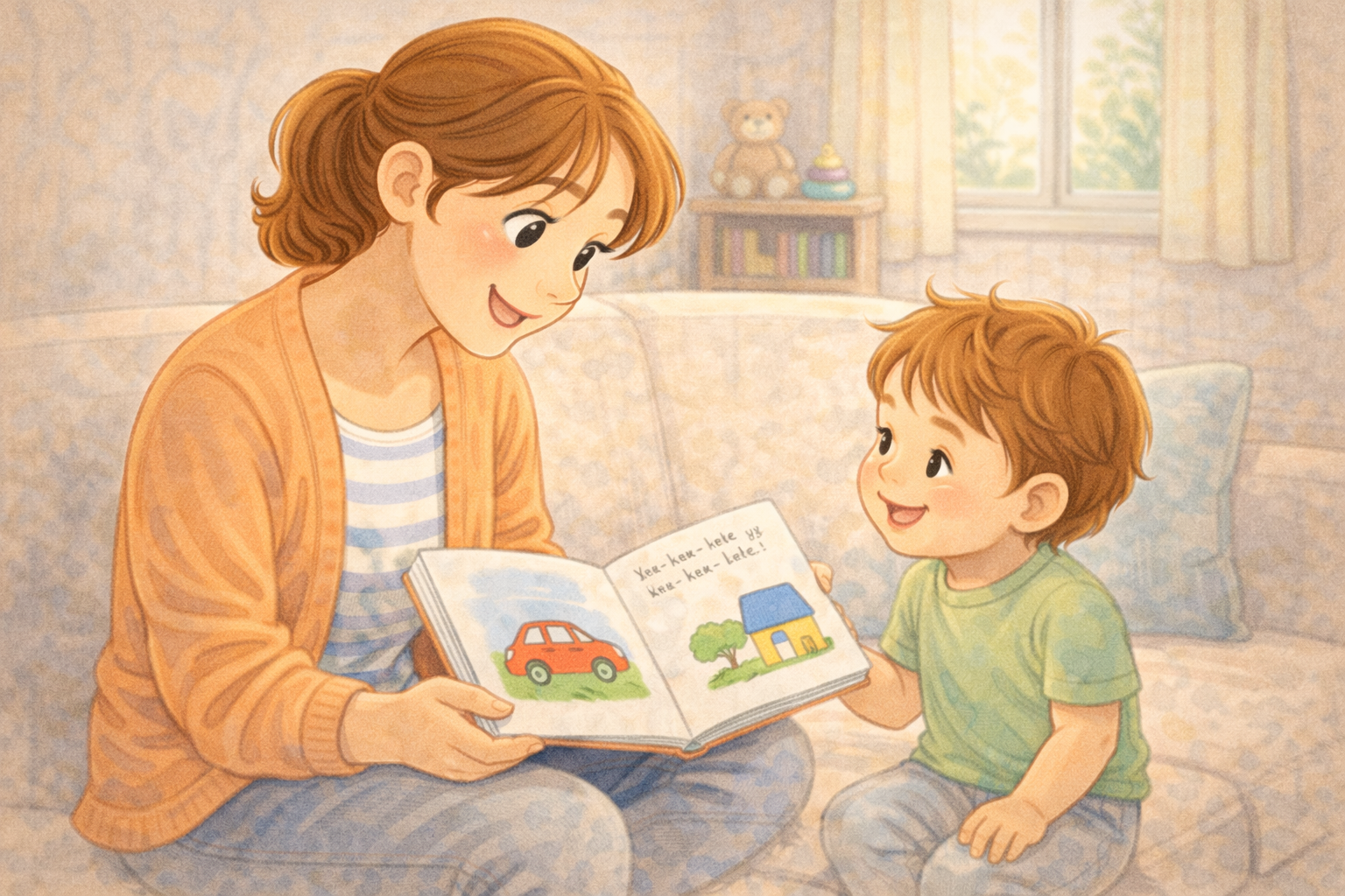 Toddler repeating a familiar phrase while being read a book.