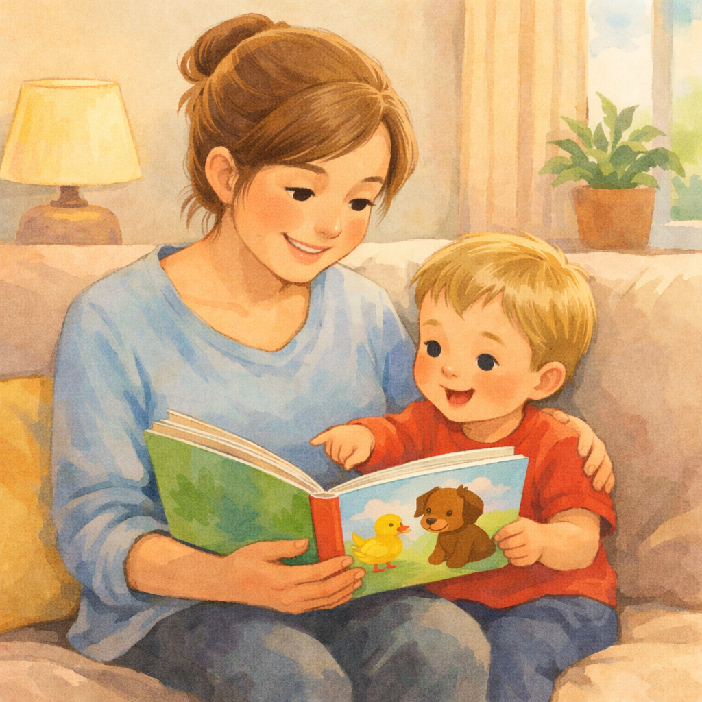 Parent reading a picture book aloud to a toddler at home.