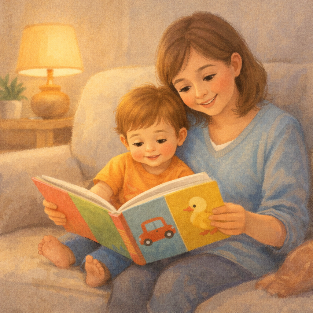 Parent reading aloud to toddler on a cosy sofa.