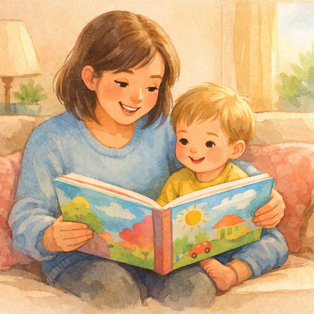 Parent reading a picture book aloud to a toddler on a sofa.