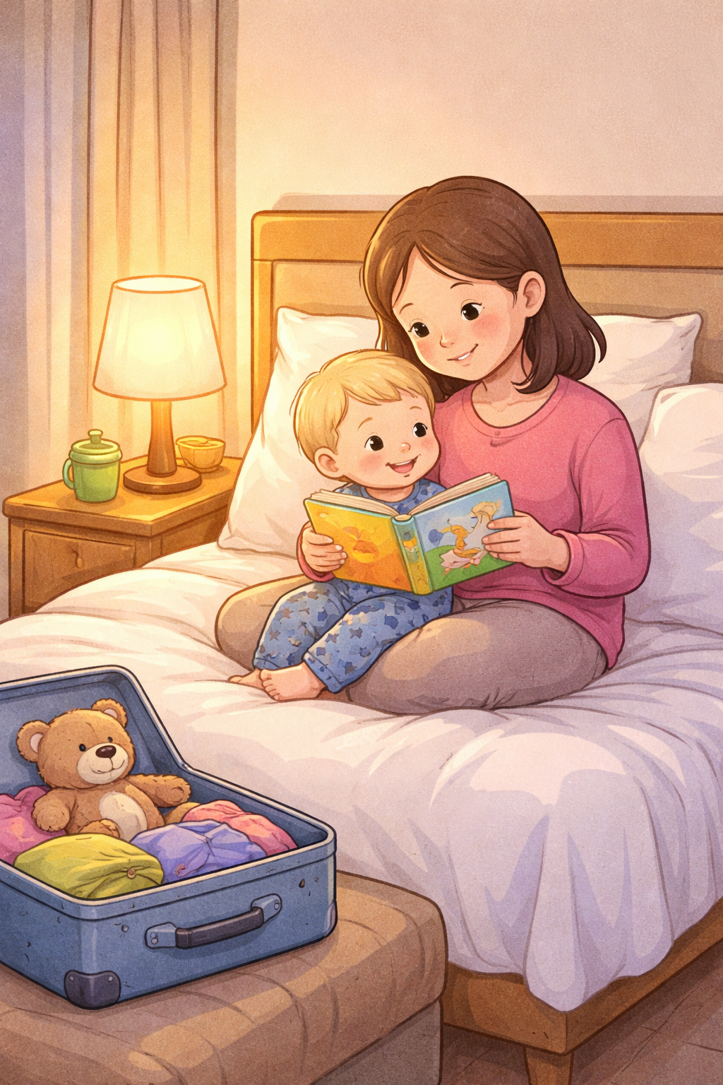 Parent reading a bedtime book to toddler in a hotel room.