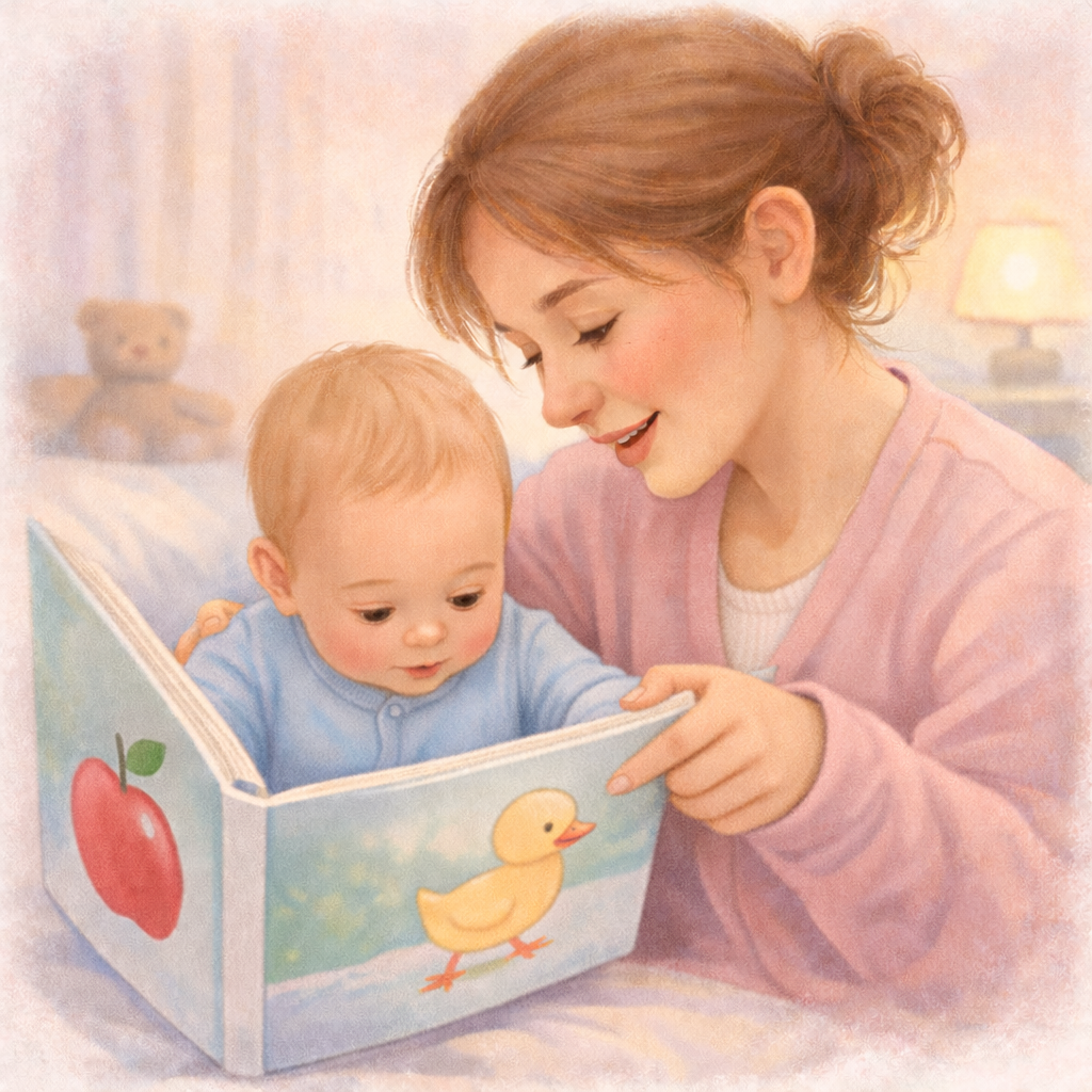 Parent naming pictures in a book with a young baby.