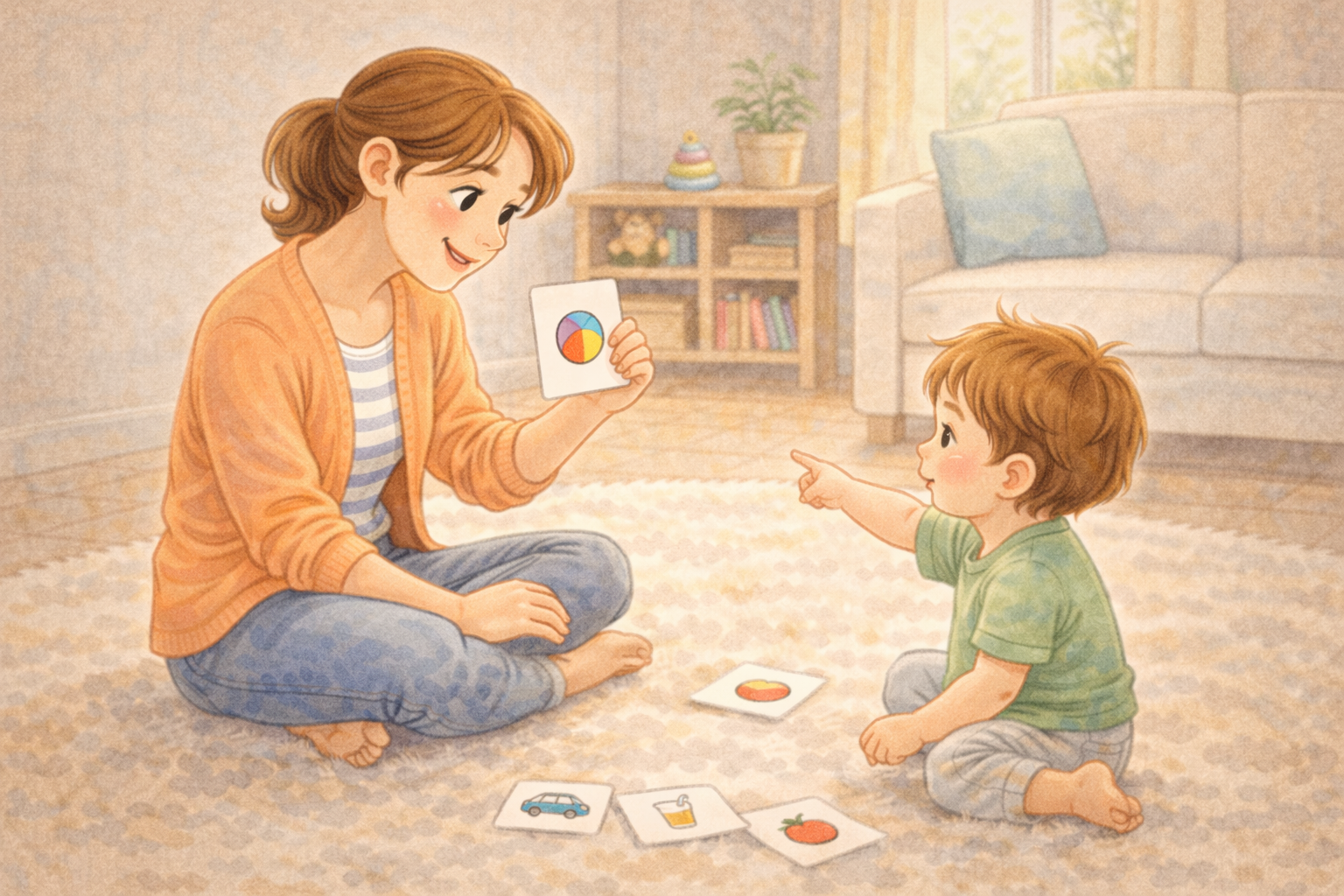 Parent showing a toddler a simple picture card to support speech.