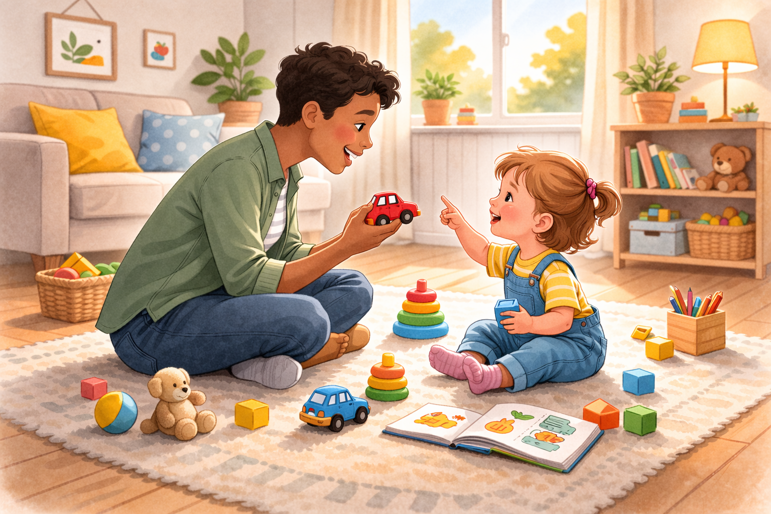 Parent sitting at eye level with a toddler during play.