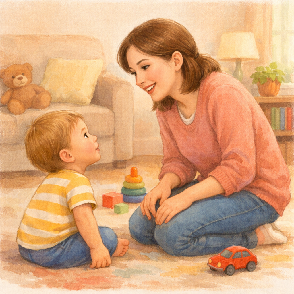 Parent kneeling and speaking clearly to a toddler during play.