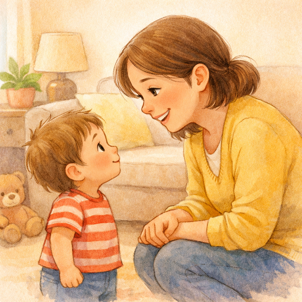 Parent speaking gently to a toddler while smiling.
