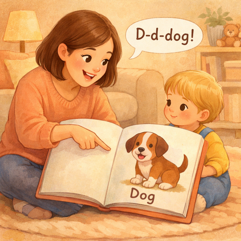 Parent stretching the first sound of a word while reading with a toddler.