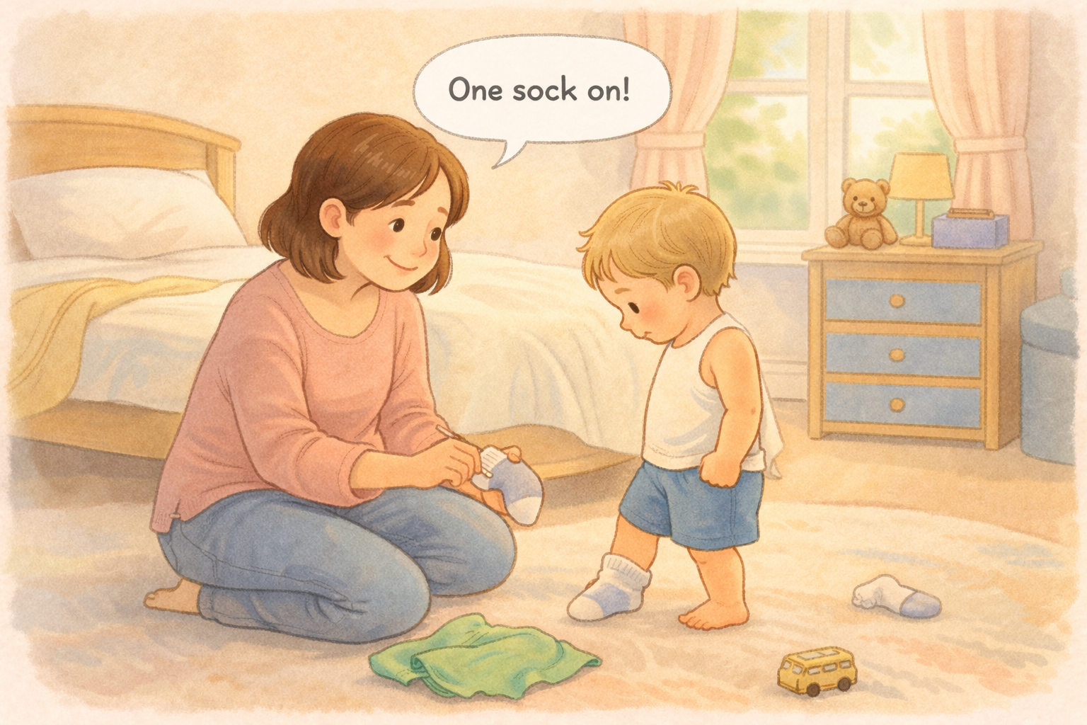 Parent talking to a toddler during a dressing routine.